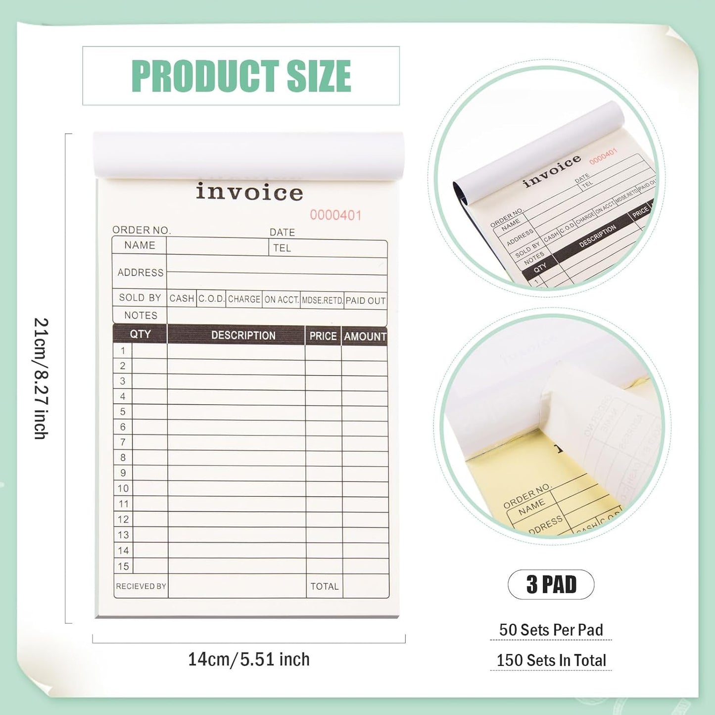 FOBSME Sales Order Books with 2-Part Carbonless Forms 8.27x5.51 Inch Invoice Books Receipt Record Book with Cardboard for Small Business Retail Stores (3 Pad,50 Sets Per Pad)
