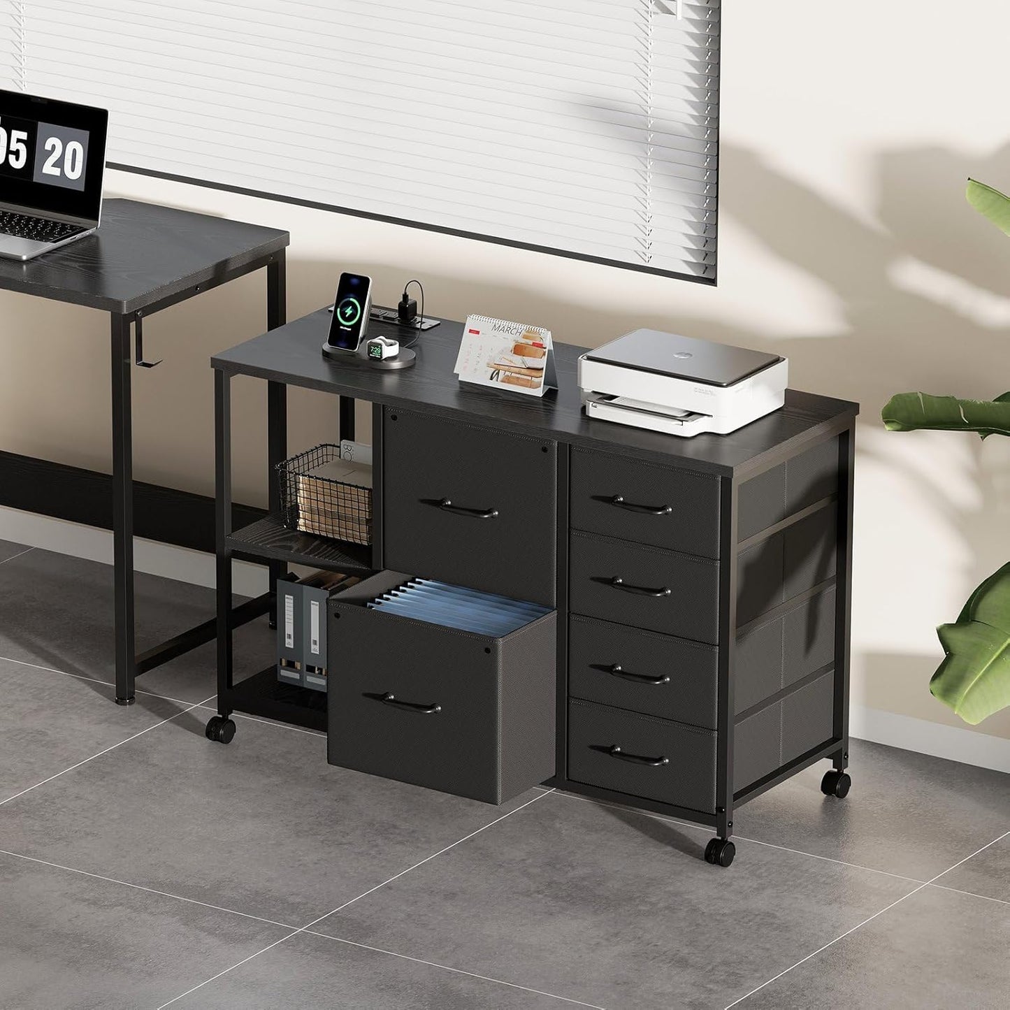 6 Drawer File Cabinet with Charging Station Rolling Printer Stand with Open Storage Shelf Fabric Lateral Filing Cabinet for Home Office,Black