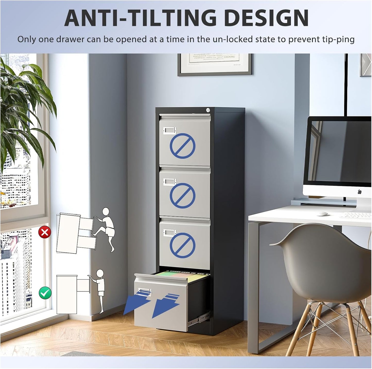 4 Drawer File Cabinet, Filing Cabinets for Home Office, Metal Vertical File Storage Cabinet with Lock, Locking File Cabinet for A4 Legal/Letter, 15" W x 17.7" D x 50.1" H, Assembly Required