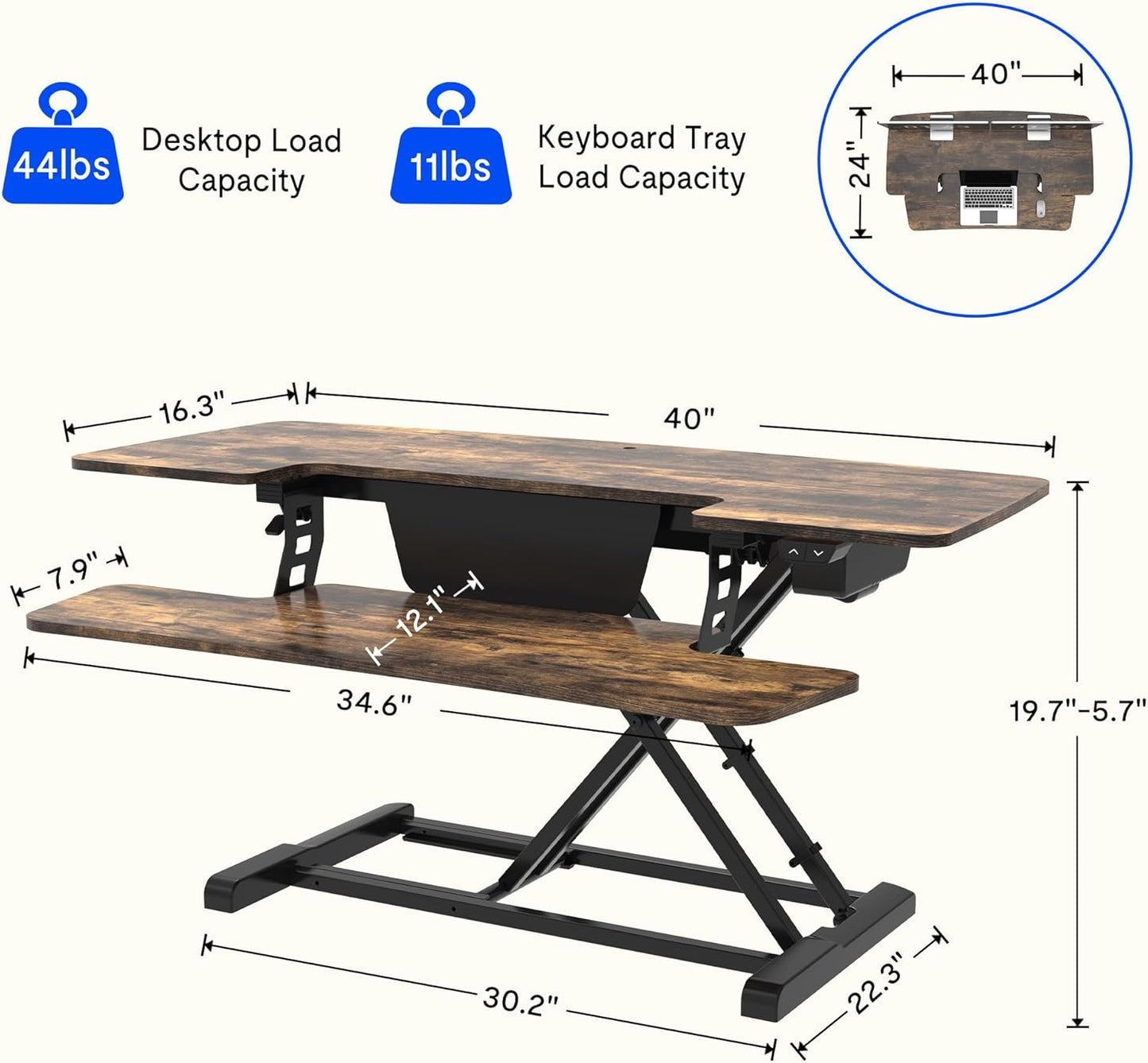 FLEXISPOT Electric Standing Desk Converter 40" Height Motorized Adjustable Stand up Desk Riser with Quick Release Keyboard Tray, Rustic Color