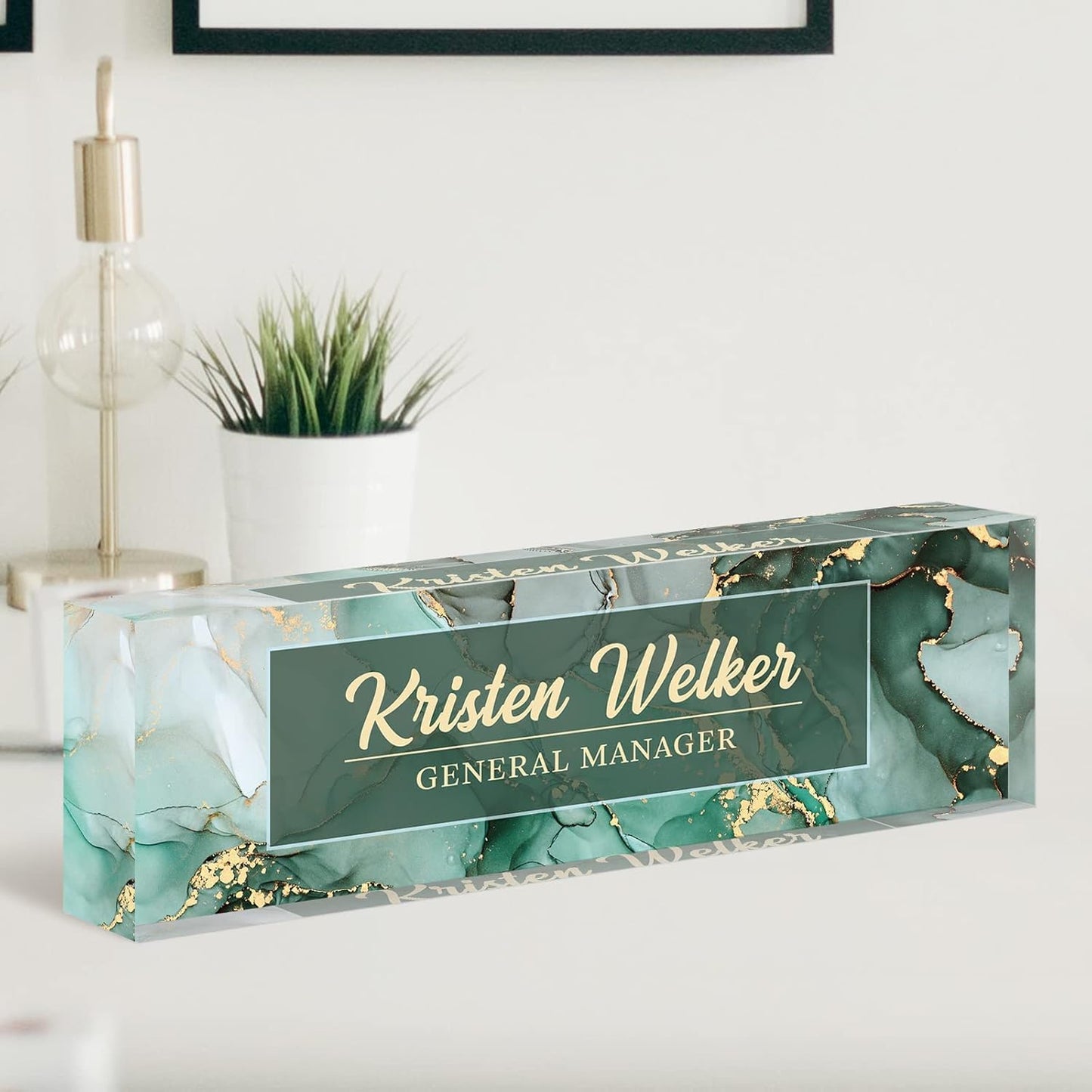 Personalized Premium Green Marble Acrylic Desk Name Plate, Office Decor for Women or Men Coworkers, Boss, Employee, Teacher