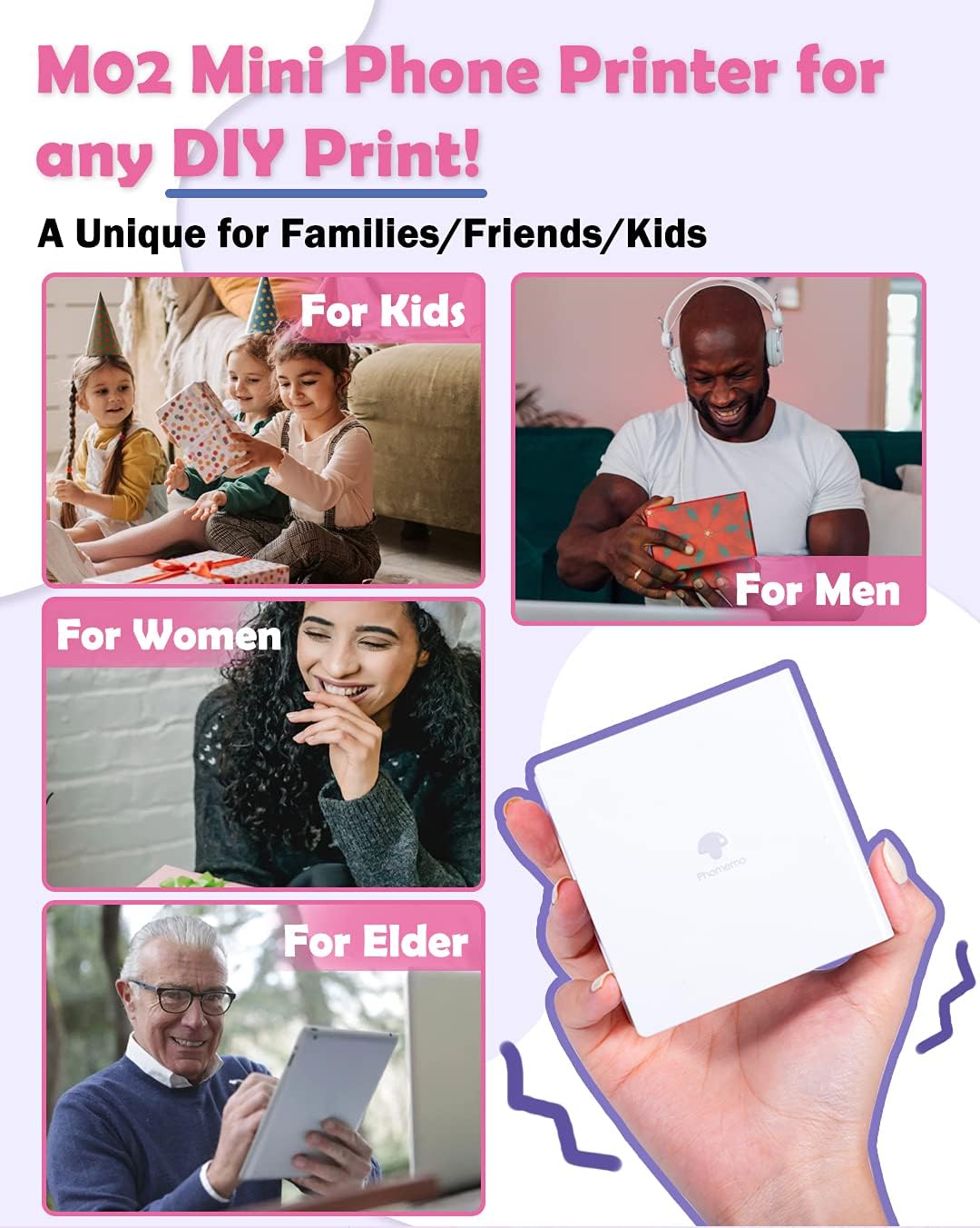 Phomemo Mini Sticker Printer- Mini Printer Sticker Maker Machine M02, Print Pods Suitable for Creative DIY, Diaries, Photos, Study Notes, Portable Thermal Inkless Label Maker for Home/Travel, White