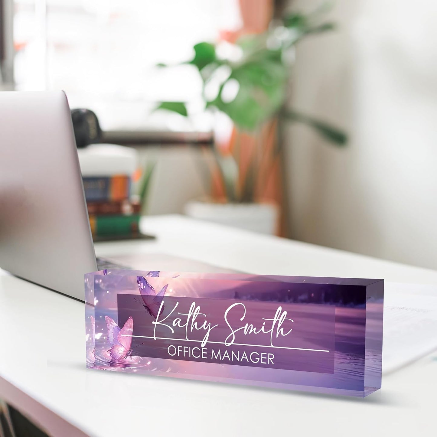 Personalized Name Plate for Desk, Custom Desk Name Plate, Acrylic Name Plate Office Desk Accessories, Personalized Office Gifts for Coworkers Teachers, Employee Appreciation Gifts (Pink Butterfly)