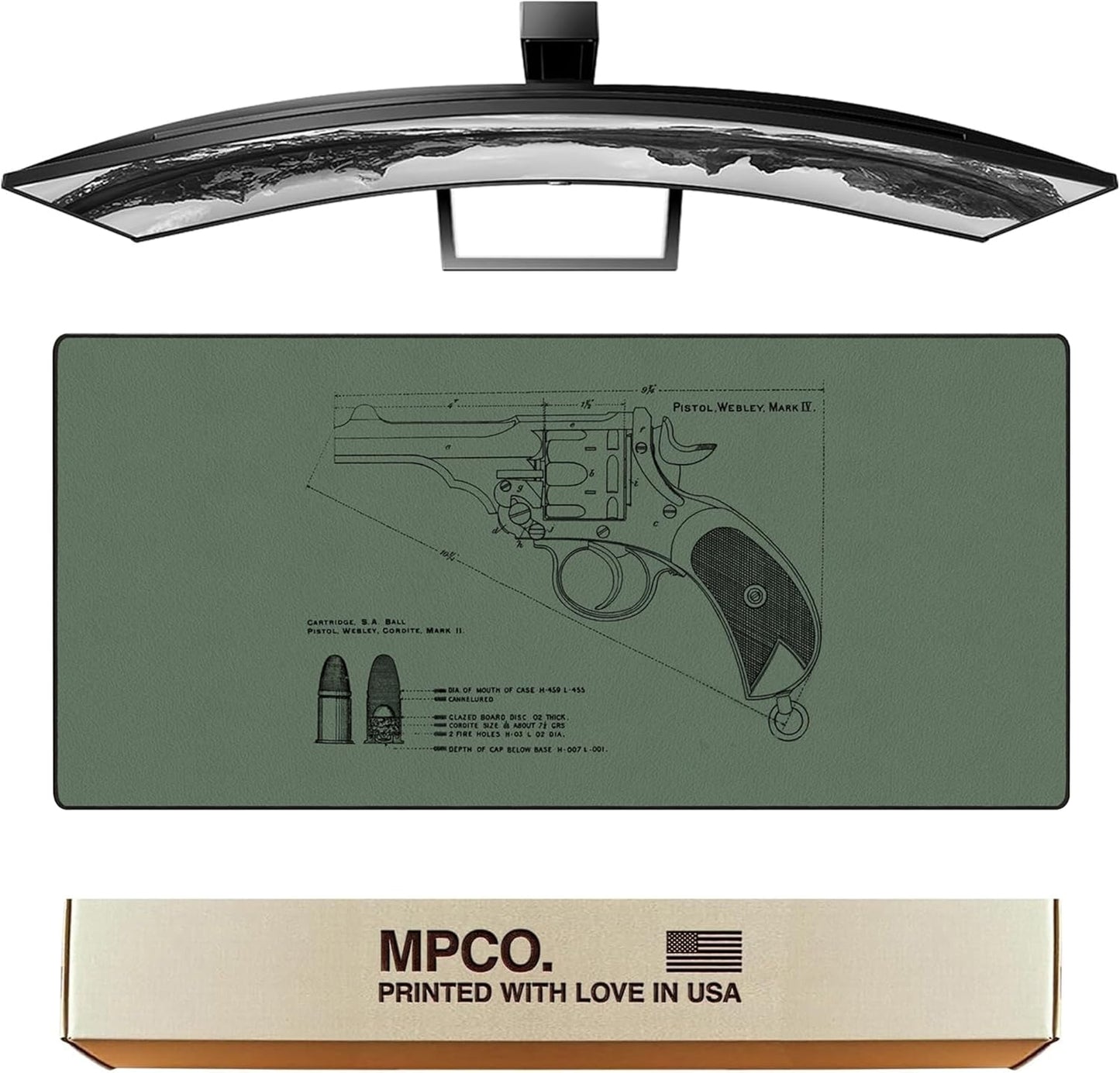 MPCO. Blueprints Large Gaming Desk Pad - 36" x 17" Duraglyde Fabric Pistol Webly Mark IV – Green Desk Mats - Non-Slip, Washable, Smooth Glide for Precision Gaming & Work