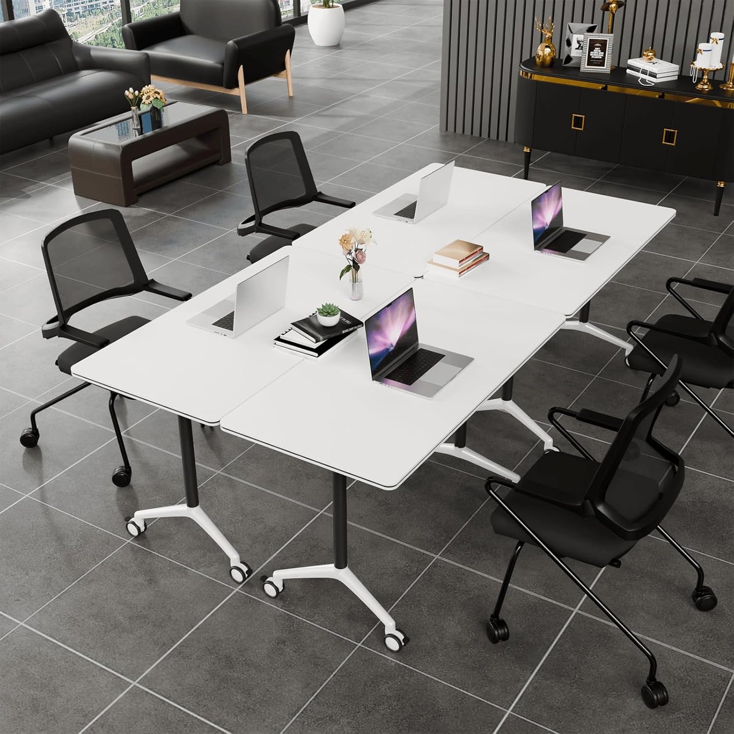 Folding Conference Table, Modern Conference Room Tables with Flip-Top Design, Foldable Conference Table Meeting Table with Wheels, Mobile Seminar Training Tables for Office Classroom (4, White 2)