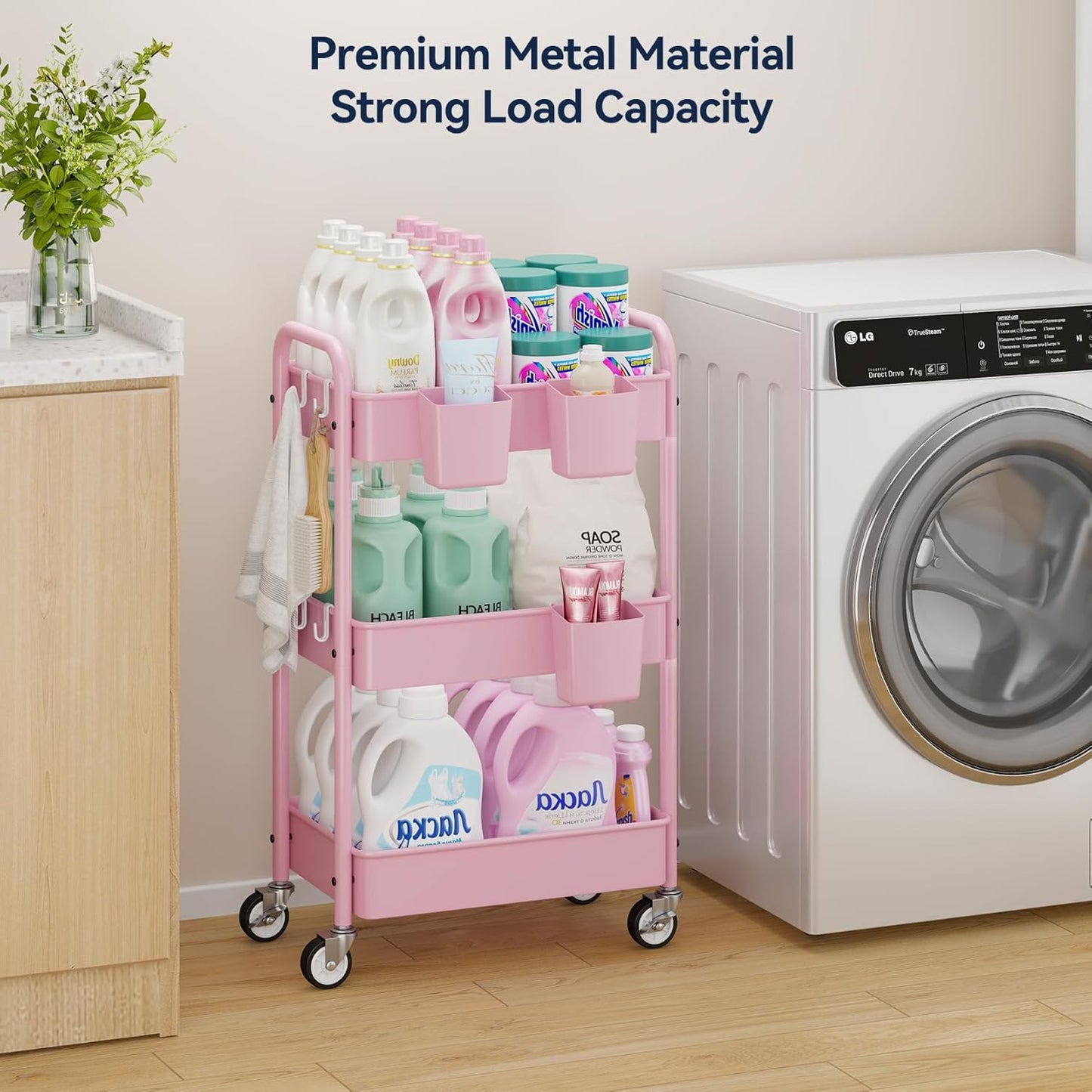 YASONIC 3-Tier Metal Rolling Cart, Heavy Duty Utility Cart with Lockable Wheels, Hanging Cups, Hooks, Mesh Rolling Storage Cart Craft Organizer, Lightweight and Sturdy, Pink