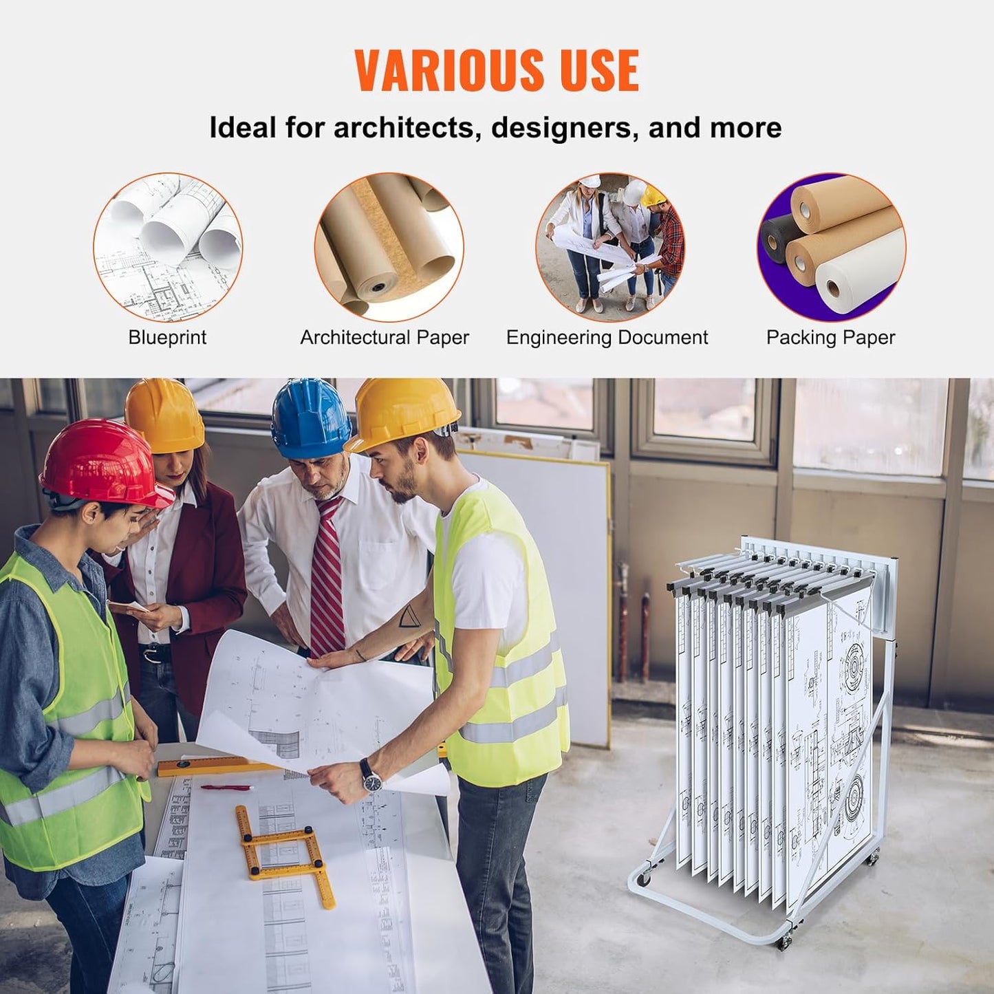 VEVOR Mobile Blueprint Storage Rack, Plan Holder with 12 Pivot Brackets, Mobile Blueprint Holder Adjustable Height & Length, Poster Display Rack for Office and Home (Rack Only Without Clamps)