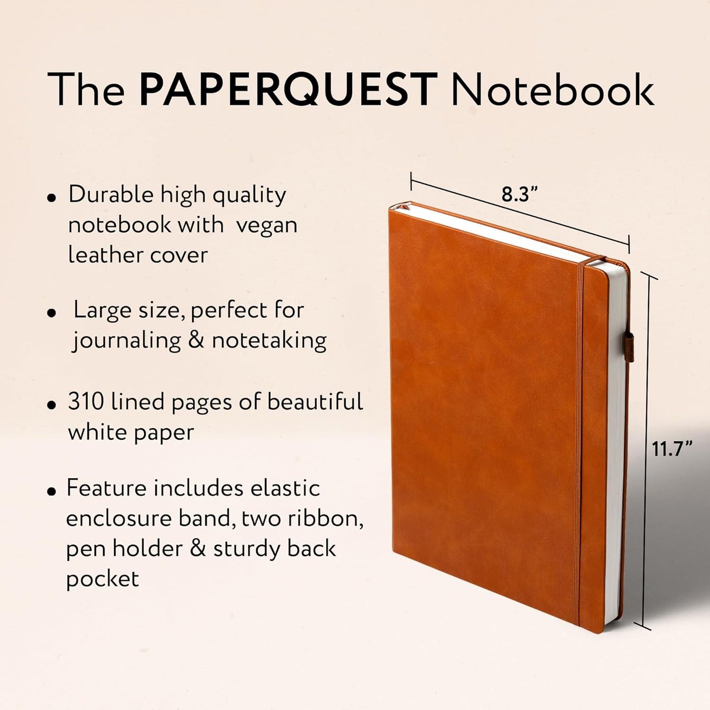 A4 Hardback Notebook, Vegan Leather Journal Lined, 310 Pages, 100GSM Thick Paper, Lay flat Notebook for Women, Men, Writing, Office, Work, Study, College Ruled Notebook with Pocket,
