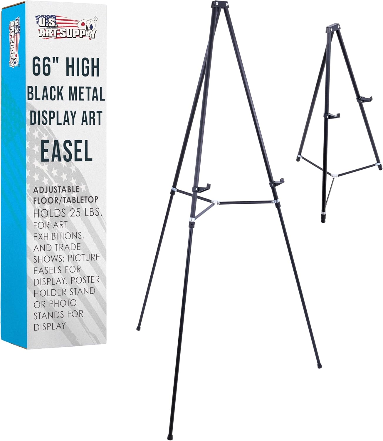 U.S. Art Supply 66" High Black Metal Display Art Easel - Large Adjustable Height Portable Easel Stand, Sign Display, Holds 25 lbs - Floor & Tabletop Easels, Sign Stand