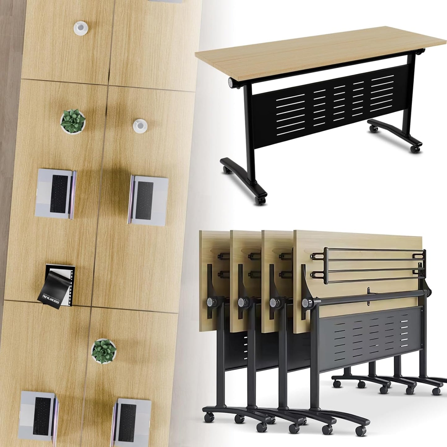 Folding Conference Room Table, Modern Conference Tables with Wheels, Large Rectangular Mobile Training Tables for Office Classroom, Foldable Modular Boardroom Seminar Table Maple (4pack L63in)