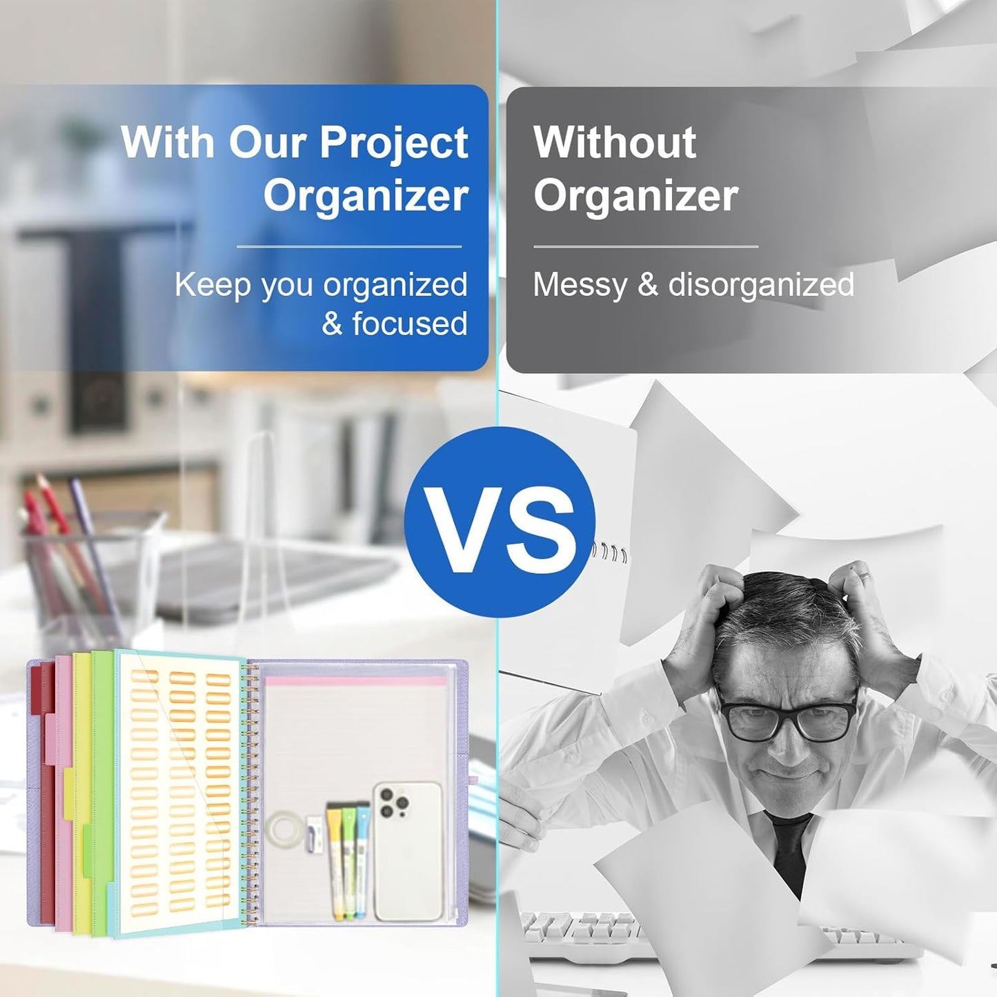 Ospelelf Foldable Spiral Clipboard Folio with Storage Zipper Pouch, 5 Plastic Folders with 10 Pockets, Refillable Lined Notepad (11" x 8.5"), Linen Hardcover Project Organizer (Light Purple)