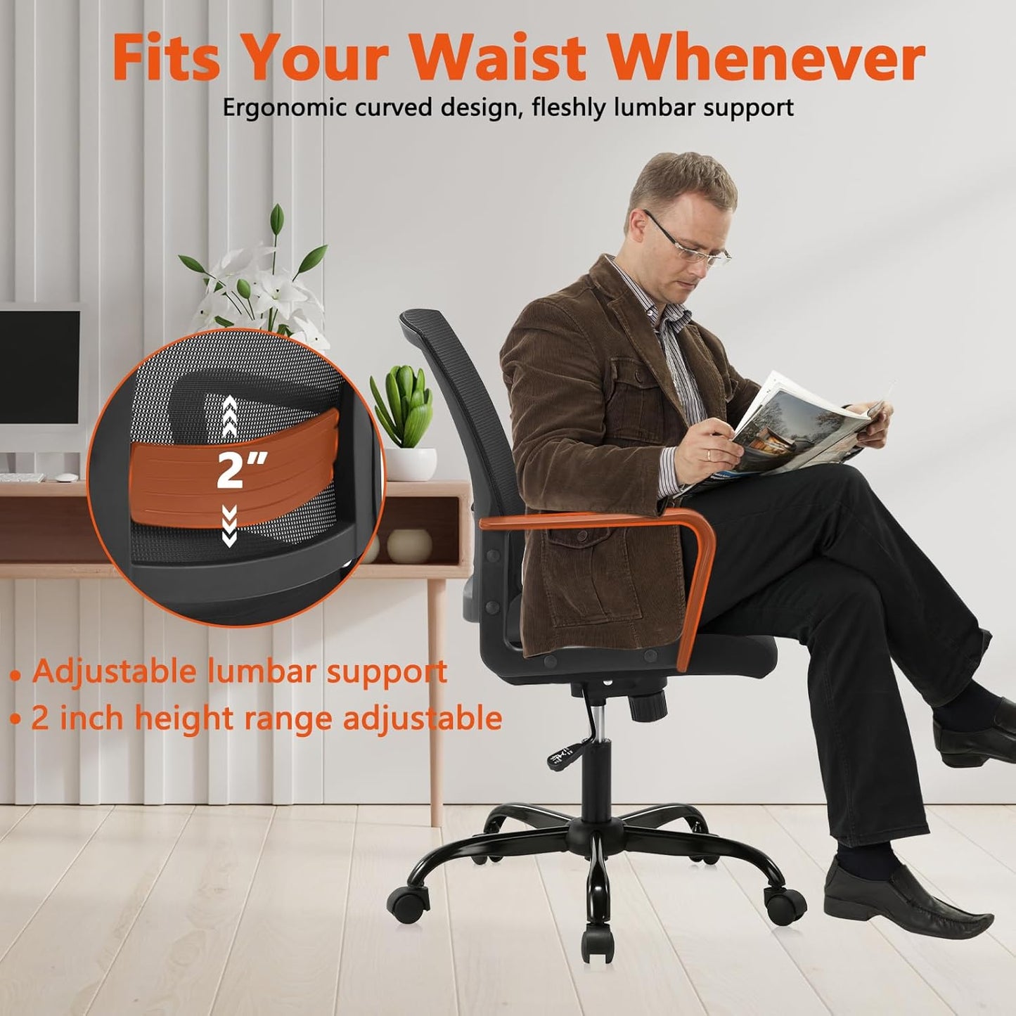 CLATINA Ergonomic Rolling Mesh Desk Chair with Executive Lumbar Support and Adjustable Swivel Design for Home Office Computer Black 2 Pack