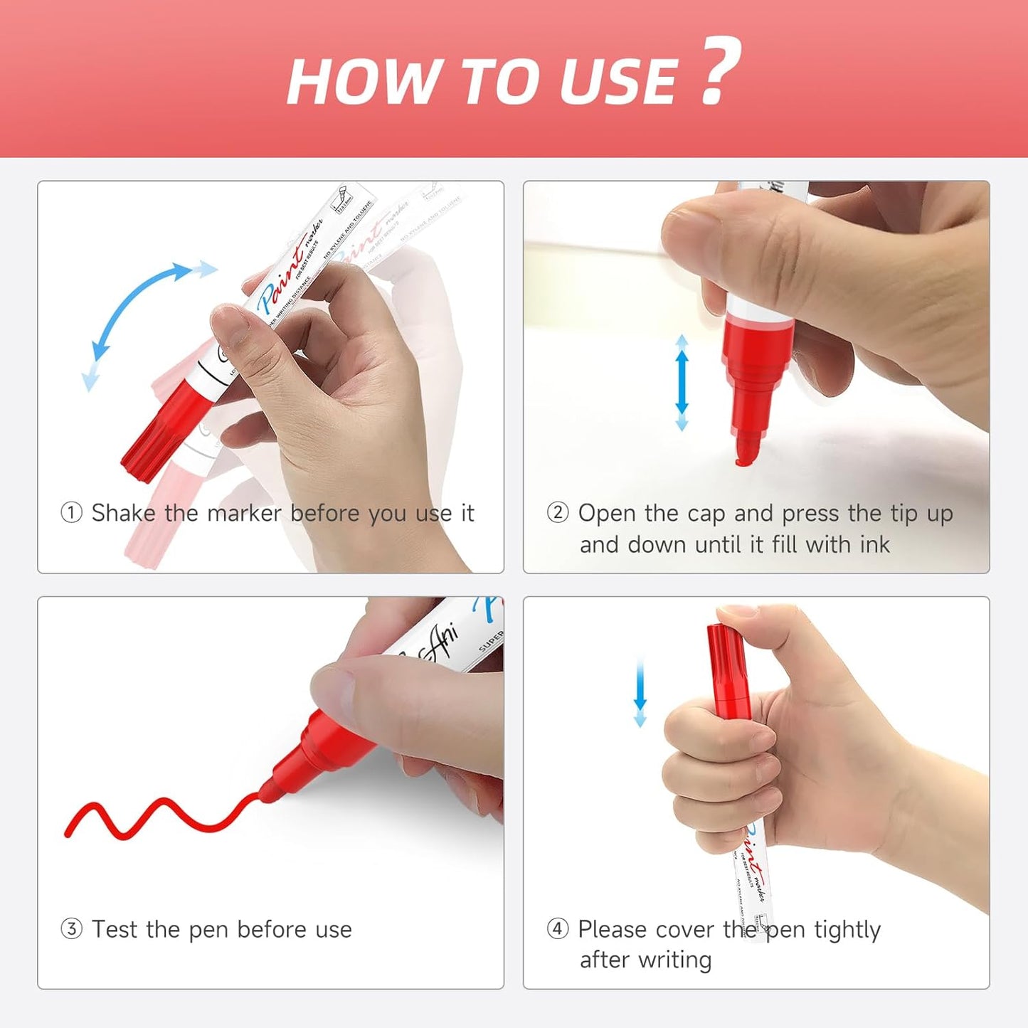 Red Paint Marker Pens, 2 Pack Single Color Oil Based Permanent Paint Markers for Rock Painting, Wood, Plastic, Glass, Ceramic, Metal, Canvas, Mugs (Red,2 Pack)