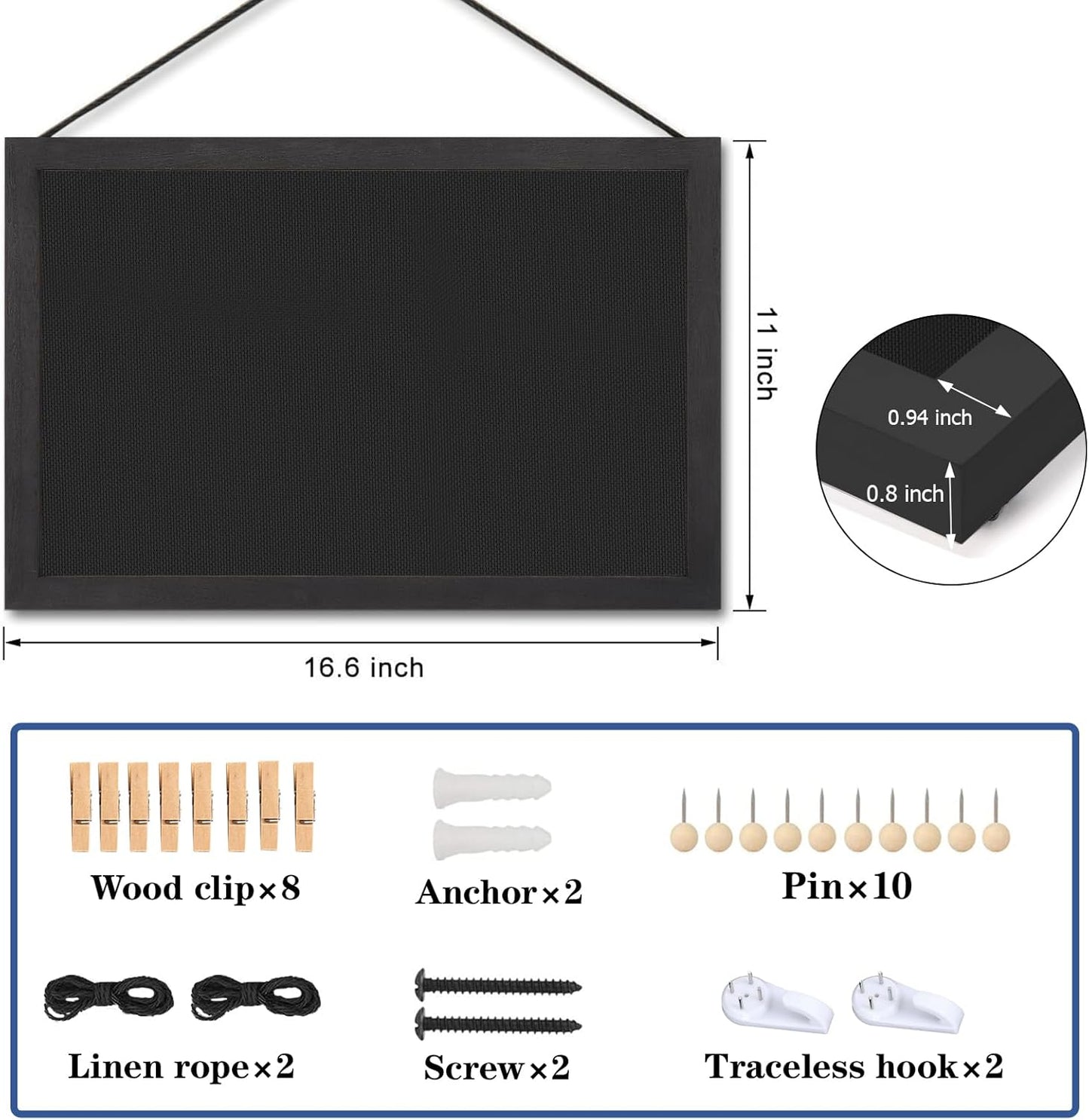 Miratino 2pcs Pin Board Bulletin Board, 16 "x11 Black Linen Cork Boards for Walls with Black Frame,Vision Board for Home Kitchen School Office Decor