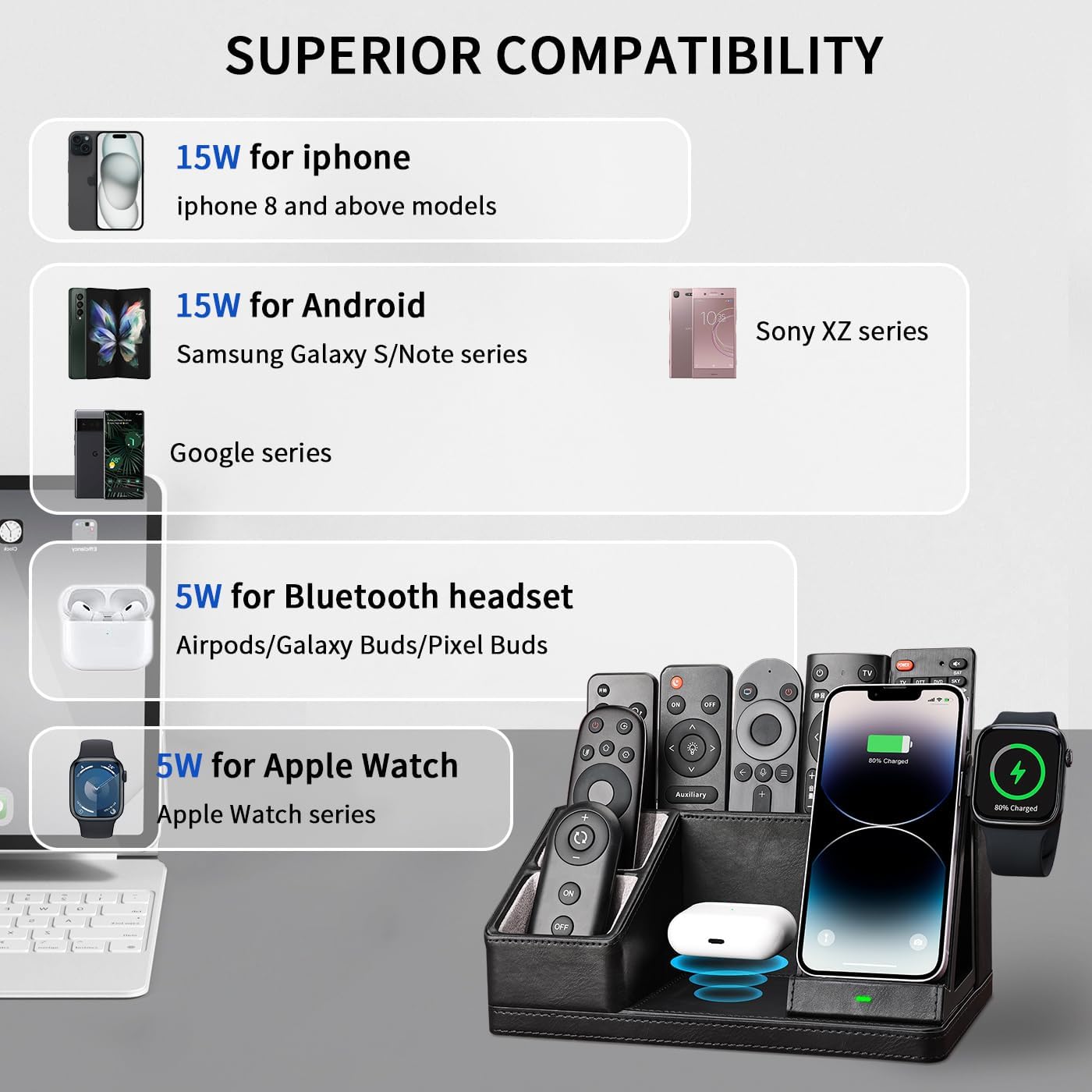 KINGFOM Leather Desk Organizer with Charging Station Multi-Functional Phone Pen Pencil Holder for Desk Desk Organizers and Accessories for Office Home Supplies (L)