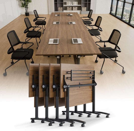 Conference Room Table with Silent Wheels, Mobile Folding Conference Table for 16 Person,Flip Top Office Training Tables with Walnuts Wood Tabletop, for School,Business Meeting Rooms (4 Pack 47in)