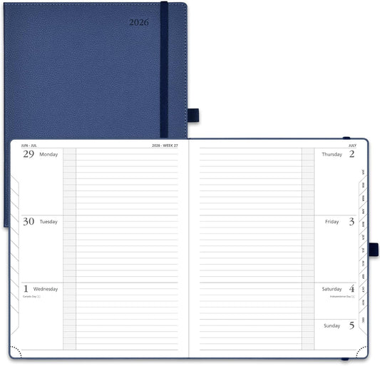 POPRUN Weekly Planner 2026 Calendar (Large 8.5" x 10.5") 12 Months Notebook with Horizontal Layout, Leather Hardcover, Inner Pocket, 100GSM Thick Paper, Pen Holder - Navy Blue