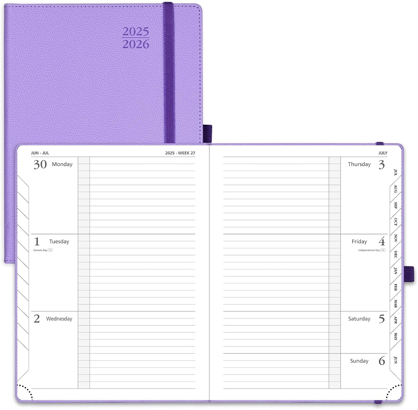 POPRUN Planner 2025-2026 (Medium 6.75''x 8.75''), Horizontal Weekly Notebook Jul.2025 - Jun.2026, Academic Appointment Book with Monthly Tabs, Leather Hardcover, Inner Pocket, 100 GSM - Lavender