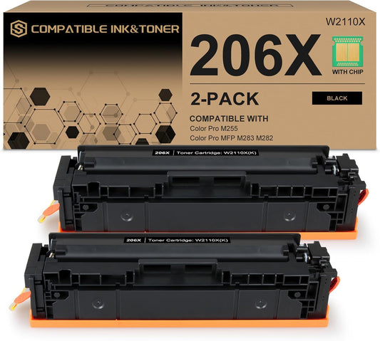 206X Black Toner Cartridges High-Yield (with Chip) Works with HP Color Pro MFP M283fdw M283cdw, Pro M255dw M255nw, MFP M282nw M283 M255 M282 Printer | W2110X 206A W2110A, Pack of 2