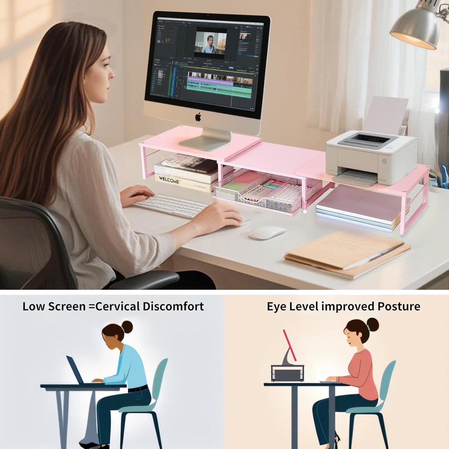 Dual Monitor Stand Riser, Desk Organizer with Drawer, Office Desk Organizers and Accessories, Office Workspace Organization Computer Monitor Stand for Laptop, Printer, TV（Pink）
