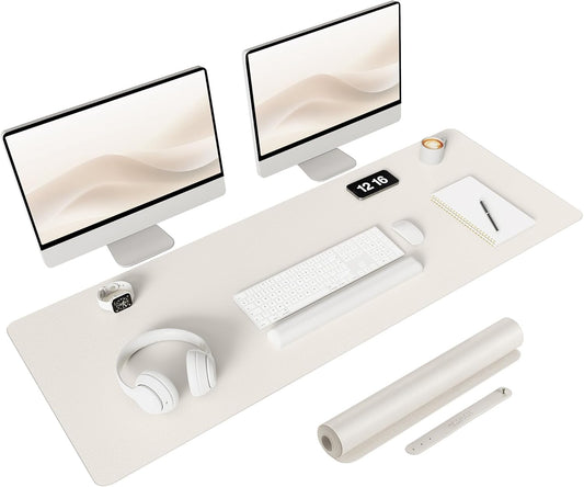 YSAGi Non-Slip Leather Desk Pad Long Size, Waterproof Laptop Computer Desk Keyboard Mat, Table Protector Blotter Mat, Large Mouse Pad for Office/Work/Home/Decor(Apricot Gray, 47" x 17")