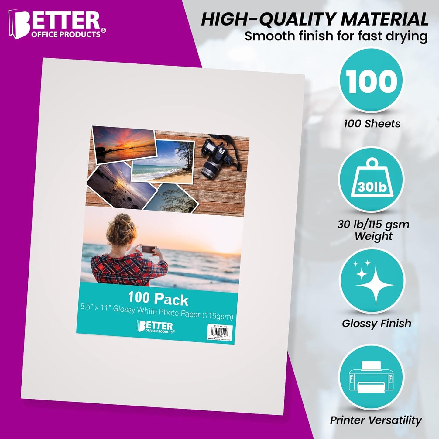 Better Office Products Thin Glossy Photo Paper, 100 Sheets, 8.5 x 11", 30 lb, 115gsm, Inkjet Photo Paper, for Brochure Printing, Custom Chip Bag Party Favors, Letter Size, 100-Count Pack