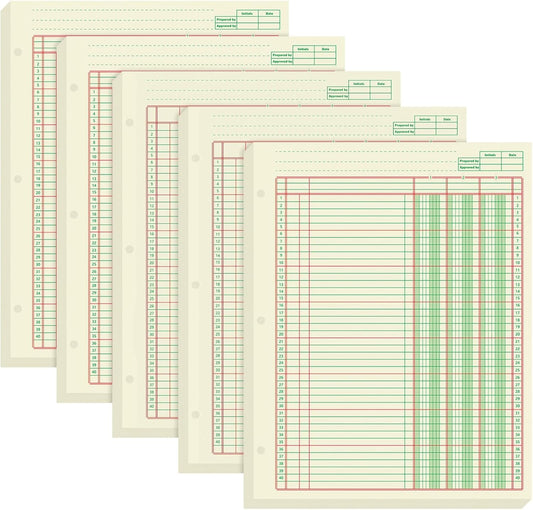 Fulmoon 5 Pack 250 Sheets Ledger Paper Accounting Columnar Pads 3 Hole Analysis Accounting Ledger Book for Business, 50 Sheets/Pack, Single Page Format, Green(8.5 x 11 Inch,3 Columnar)
