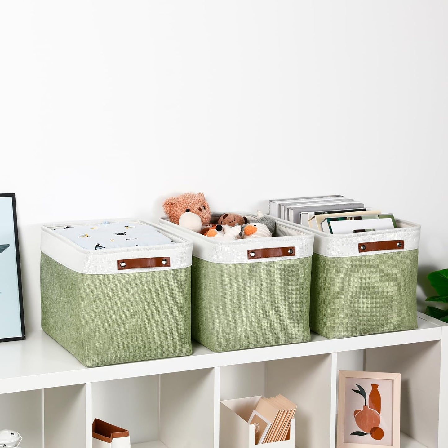 DULLEMELO 16 inch Fabric Storage Basket, Decorative Storage Boxes with Leather Handle for Closet Shelf Nursery, Collapsible Linen Storage Bins for Organizing Toys Book Towel Organizers(White&Green)