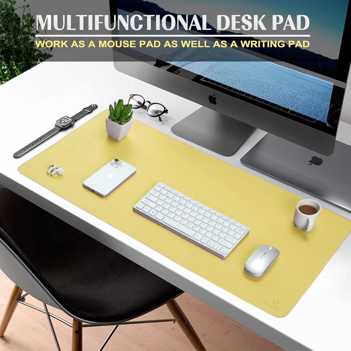K KNODEL Large Office Leather Desk Mat, Mouse and Keyboard Pad, Computer and Laptop Mat, Desktop Protector and Cover, Writing Pad and Blotter (31.5"x15.7", Yellow)