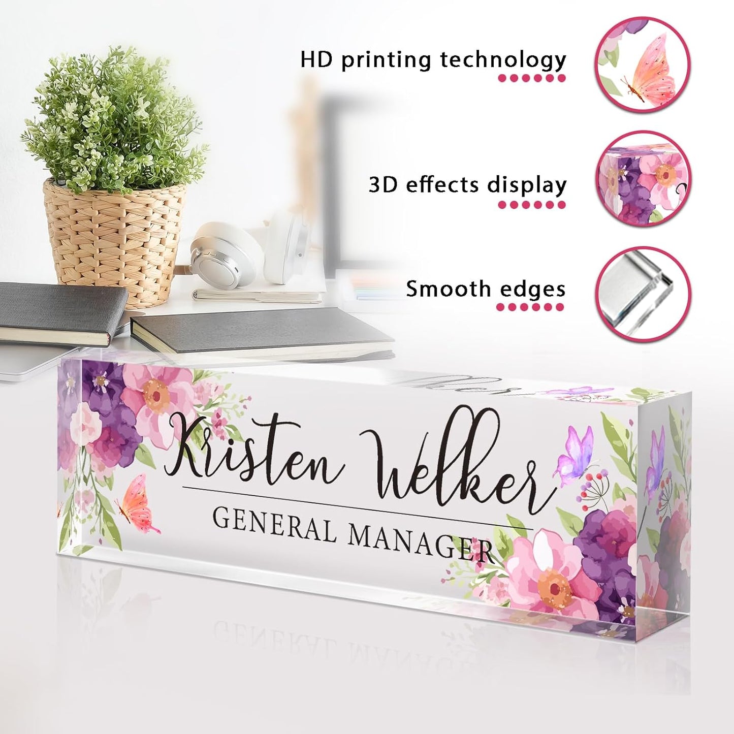 Personalized Name Plate for Desk - Custom Engraved Name Plates for Man - Boss Day Gifts for Boss - Acrylic Office Decor Appreciation Gifts for Teacher Nurse Coworker Social Worker (Bouquet)