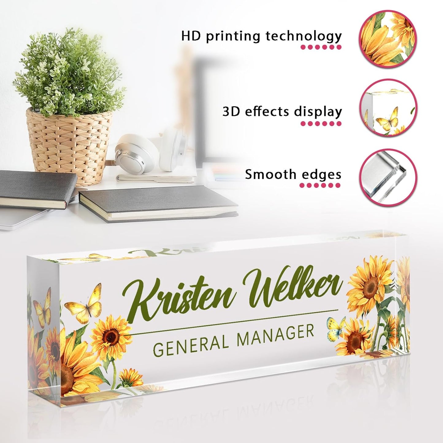 Personalized Name Plate for Desk - Custom Engraved Name Plates for Man - Boss Day Gifts for Boss - Acrylic Office Decor Appreciation Gifts for Teacher Nurse Coworker Social Worker (Sunflower)