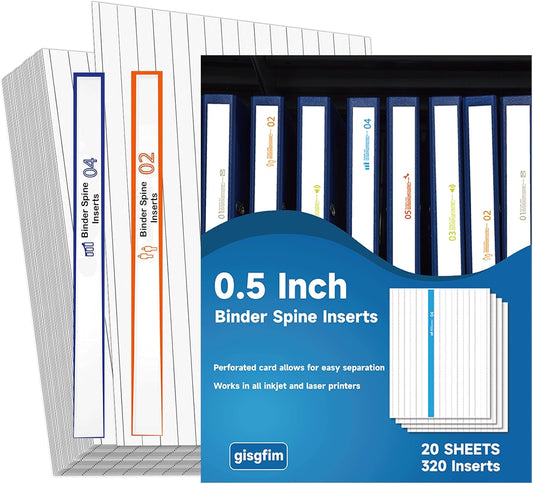gisgfim 20 Sheets Binder Spine Inserts 1/2 Inch Spine Width White Edge Labels 92LB Printable Side Identifiers for Inkjet Laser Printers Cardstock View Binders Labels 16 Inserts/Sheet