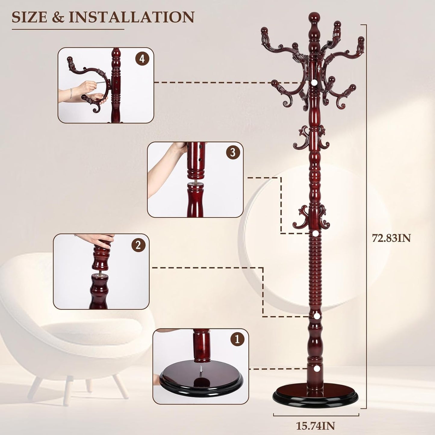 Wood Coat Rack Freestanding, Natural Coats Tree Stand with 14 Hooks, 73" Sturdy and Easy Assembly Coat Rack Stand for Entryway, Hallway, Bedroom, Bags, Hats (Heavy-duty Disc Base, Rosewood)