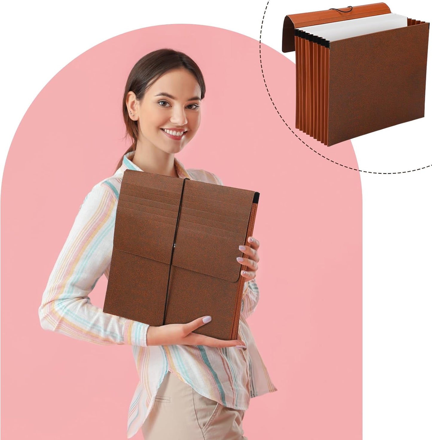 PerKoop 10 Pcs Expanding File Folder with Flap 7 Inch Expansion Expanding File Wallet with Elastic Cord Closure Letter Size Heavy Duty Document Organizer, 10 Slots, Brown