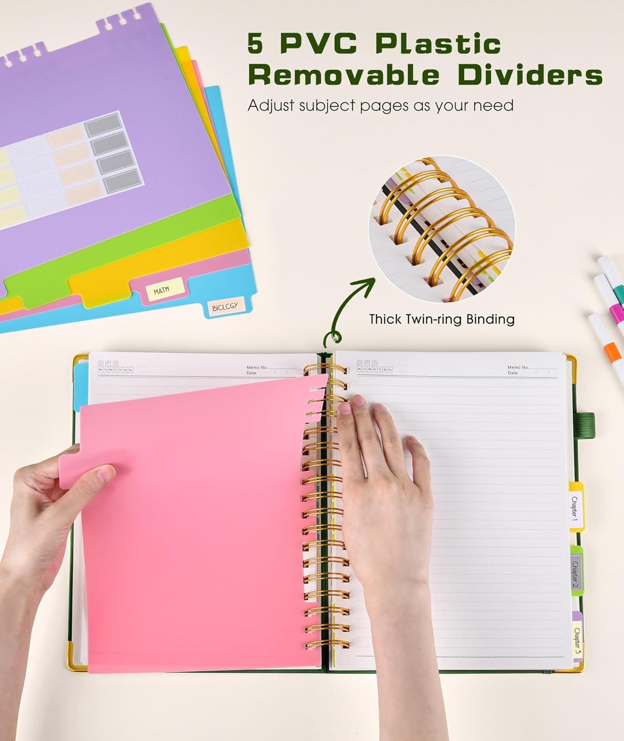 Hardcover Spiral Notebook journal with Removable Dividers Tabs, 300 Pages Leather 5 Subject Notebook College Ruled, 8"x10" Large B5 Notebooks for Work School Note taking, Lined Journal for Women,Green