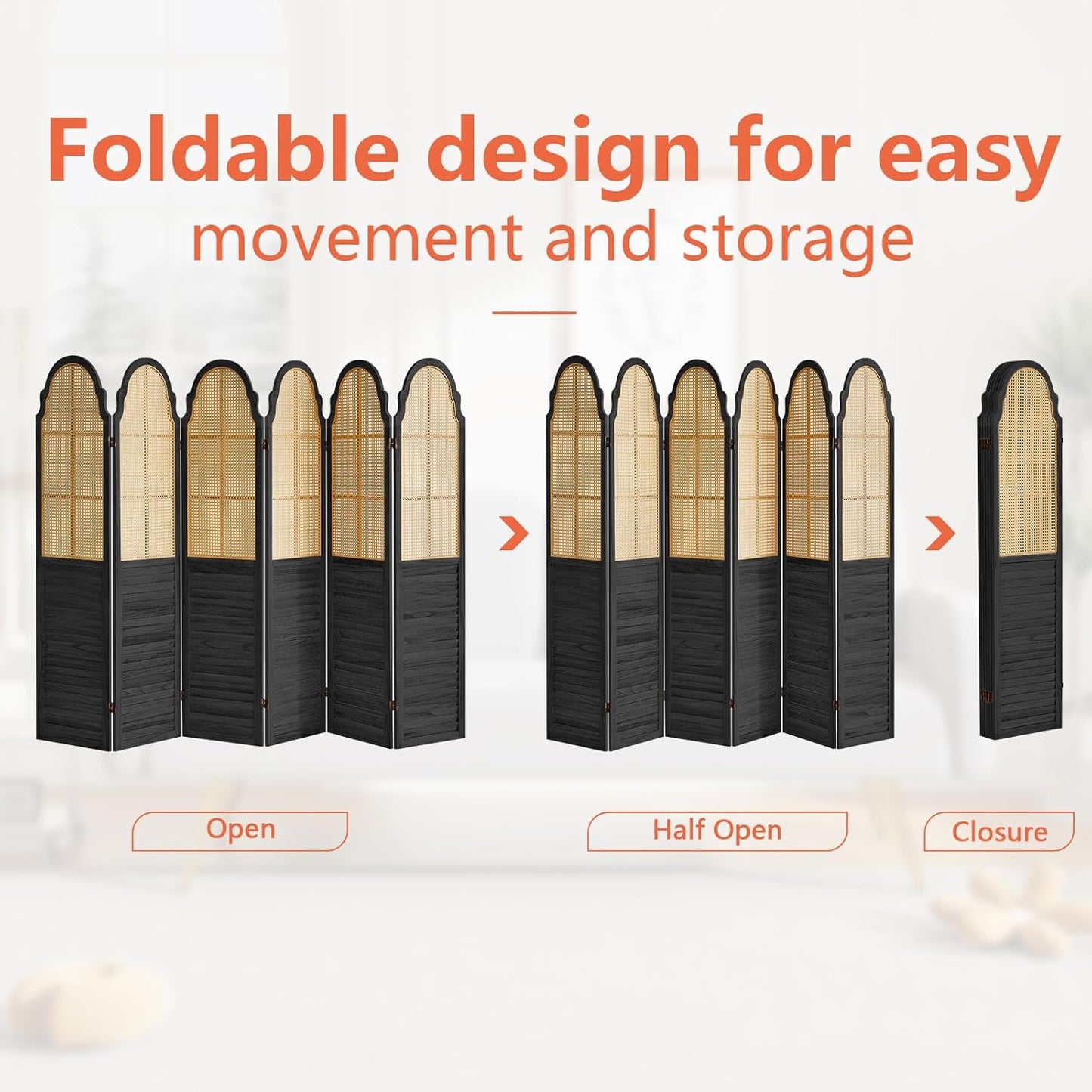 6 Panel Rattan Folding Screen Room Divider, Privacy Dividers for Rooms, Louvered Partition Dividers, Room Divider Panel for Bedroom, Dressing Room, Balcony, Black