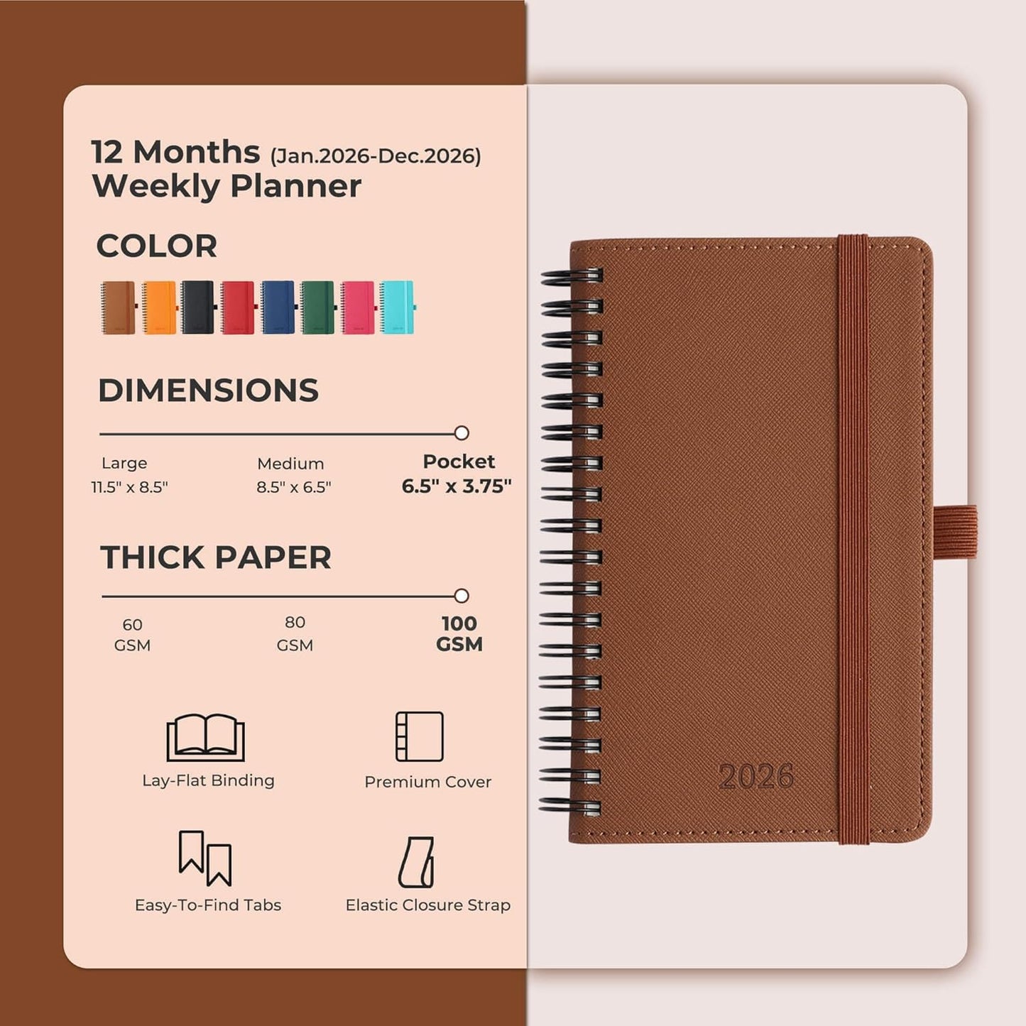 Planner 2026 Daily Weekly and Monthly,6.5"x3.75",12 Months Spiral Bound Calendar Agenda with Self-adhesive Pen Holder,2026 Appointment Book with Vegan Leather Soft Cover,Brown