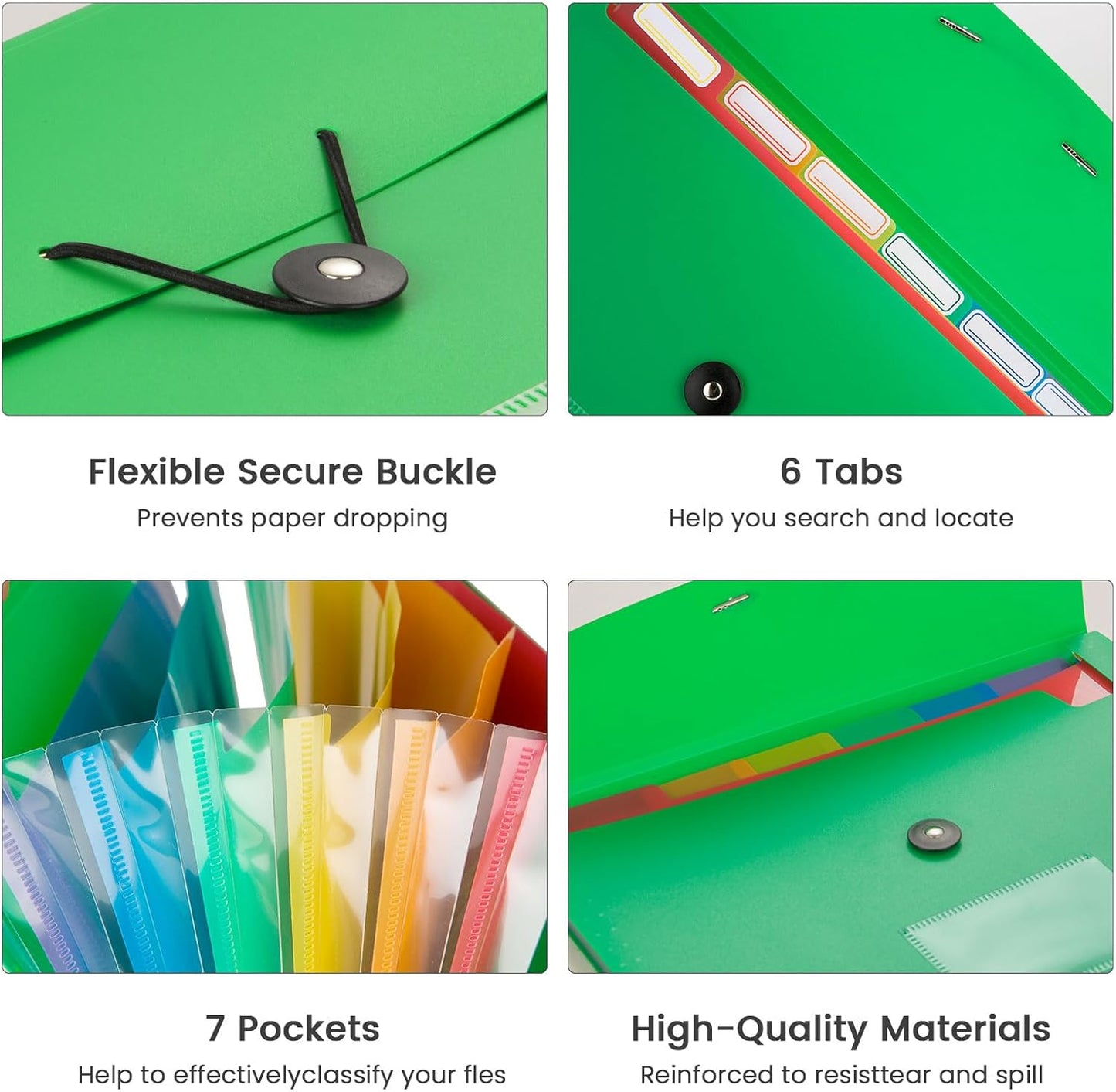 Accordion File Organizer, 7 Pockets Expanding File Folder with Labels, A4/Letter Size Portable Folders for Documents, Paper Organizer for School Office Supplies, Green