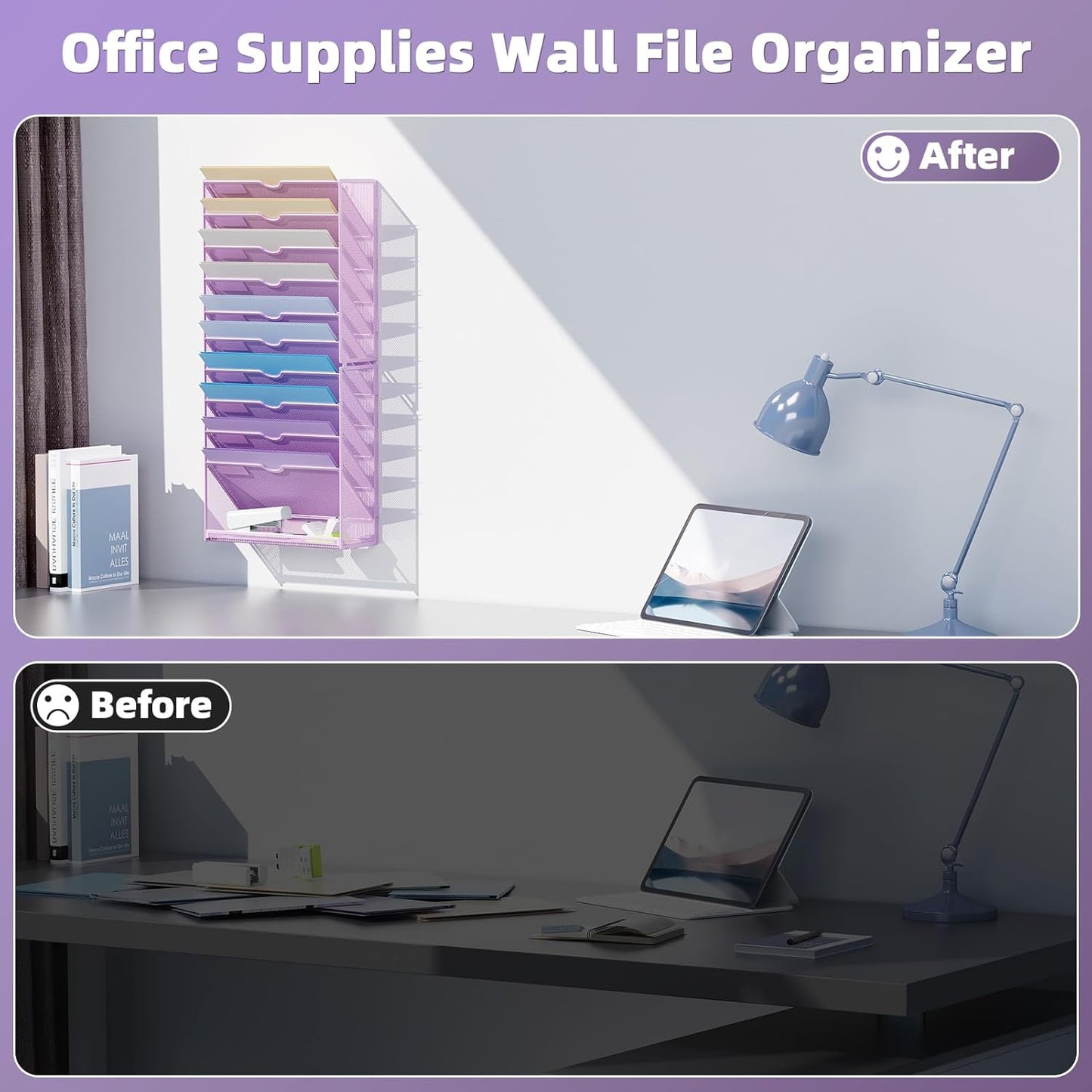 Marbrasse Wall File Holder 11-Tier Hanging Wall File Organizer, for Papers, Files Clipboard & Magazine Organizer, Wall Mount File Holder Great for Office Home (Purple)