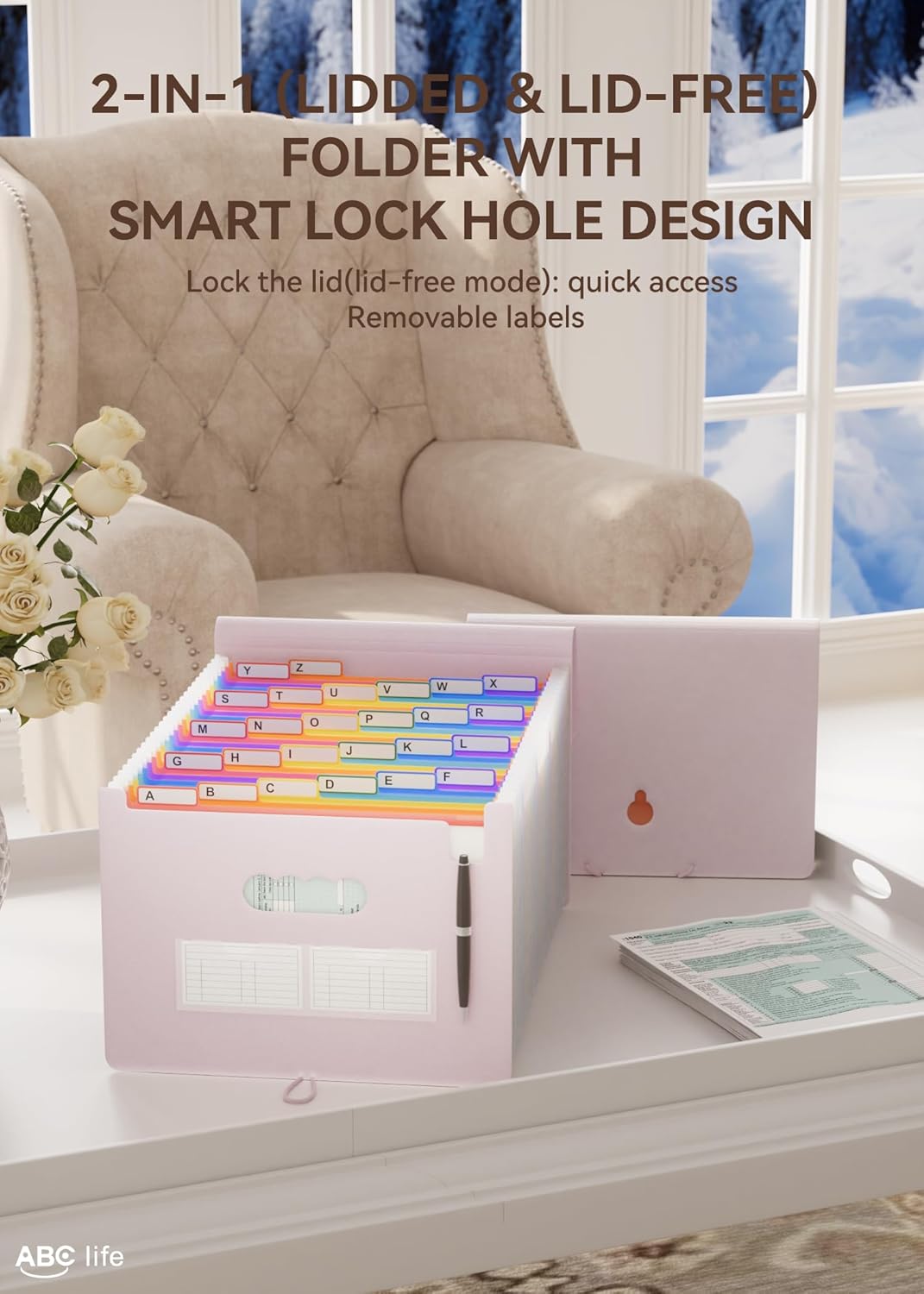 ABC life 26 Pockets Accordion File Organizer, Expanding File Folder, Portable Monthly Paper Bill Tax Receipt Organizer, Letter A4 Size Document Organizer with Blank Labels - Pinkish Purple