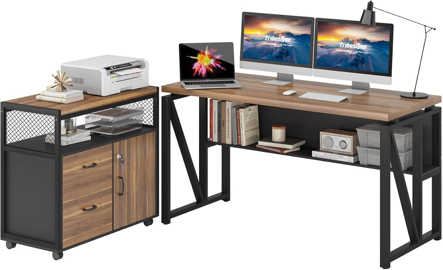 Tribesigns 55" Executive Desk with Reversible File Cabinet, Large L-Shaped Office Desk with Drawers, Business Furniture Workstation for Home Office (Dark Walnut, 55-inch)