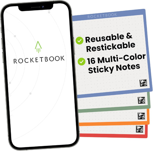Rocketbook Reusable Sticky Notes Expansion Pack, 3"x3", 16 Multi-Colored Sticky Notes - Dotted Paper, App-Connected, Erasable, Reusable Adhesive, Ideal for to-Do Lists and Reminders