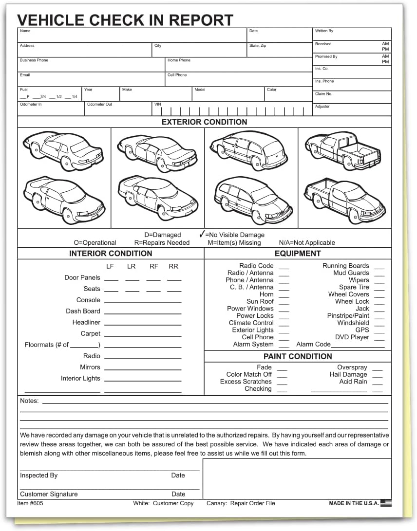 Vehicle Check-In Form Pad – 8.5" x 11" 2-Part Carbonless Auto Condition Report – White & Canary Copies – Service Intake Sheet for Car Dealerships, Repair Shops & Mechanics – Pack of 300