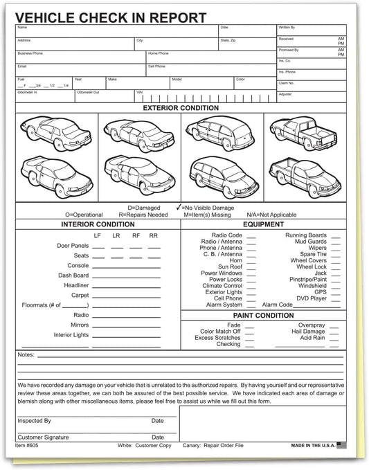 Vehicle Check-In Form Pad – 8.5" x 11" 2-Part Carbonless Auto Condition Report – White & Canary Copies – Service Intake Sheet for Car Dealerships, Repair Shops & Mechanics – Pack of 200
