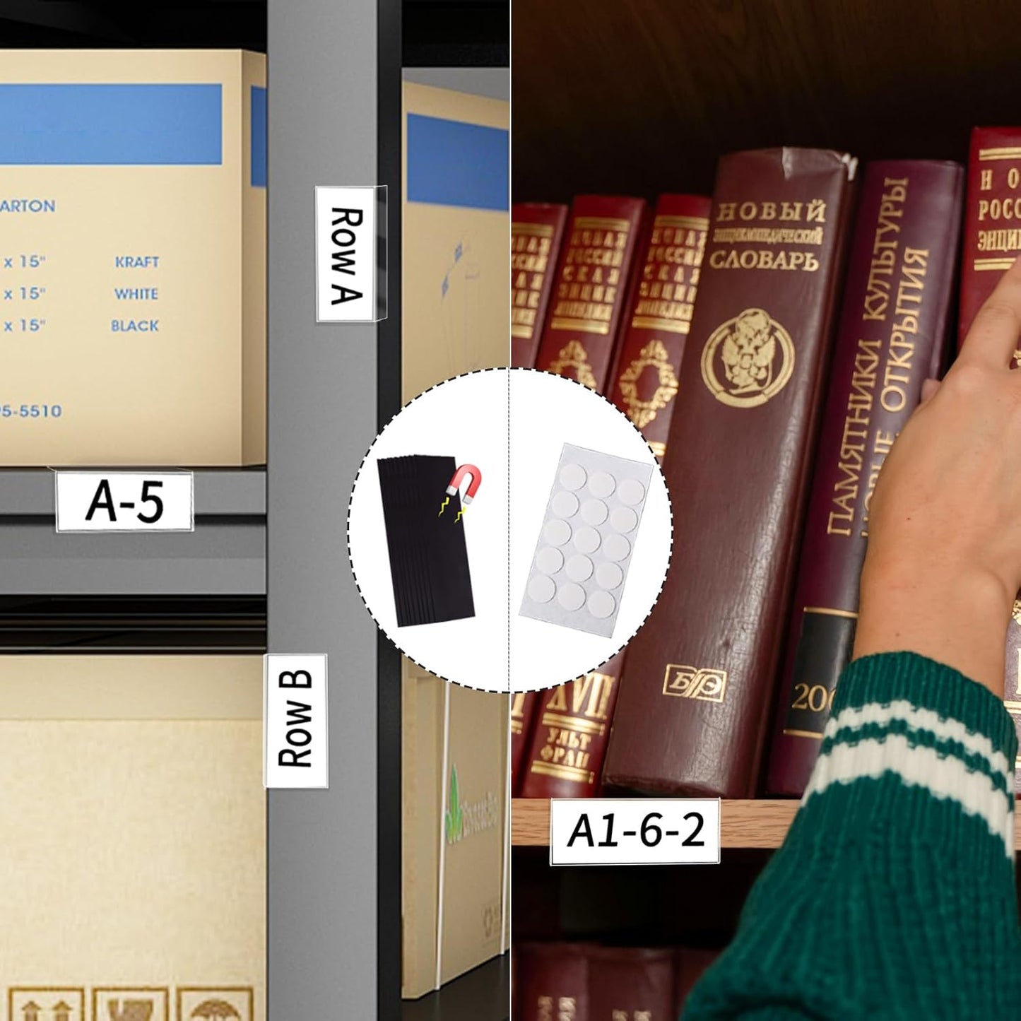 Acrylic Rigid Label Holders 1.25x3 inch 20 Pack for School Library Book Shelves Tags Office Warehouse Metal Shelf Labels with Magnetic Strip and Self-Adhesive Dots, Transparent Tabletop Price Sign