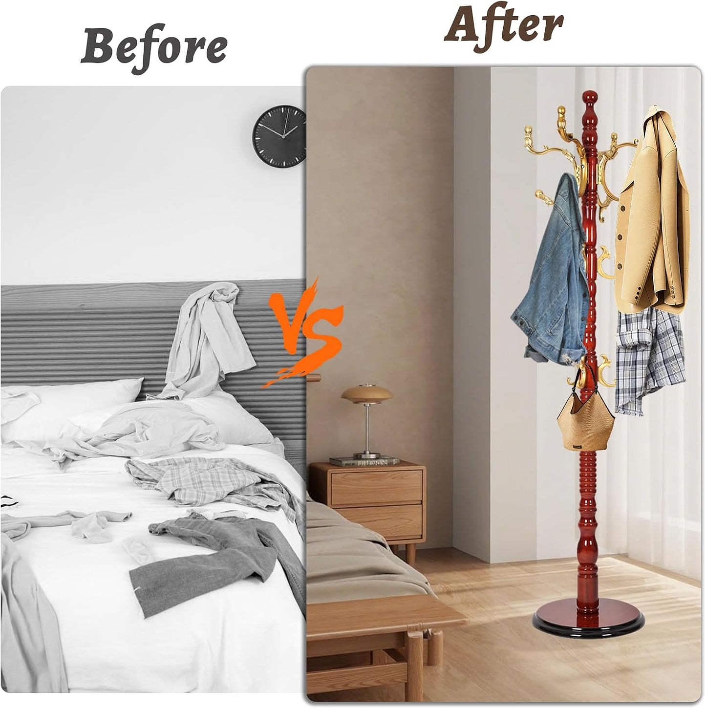 Wooden Coat Rack Freestanding with Resin Hooks, Adjustable Heavy Duty Stand for Hanging Coats, Bags, Hats, and Umbrellas in Living Room, Bedroom, Entryway (Begonia wood color)