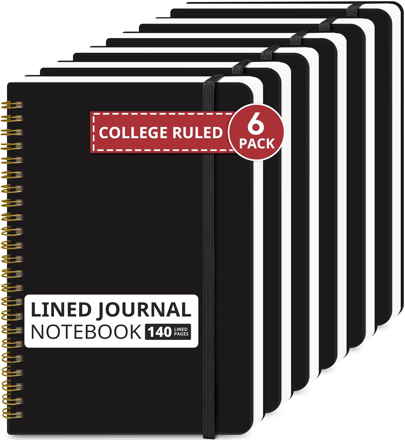 Taja Lined Spiral Journal Notebook for Work, 6 Pack, 140 Pages, College Ruled Hardcover Notebook Journal for Women, 6 Pcs, Journals for Writing, A5(6"x8") - Black