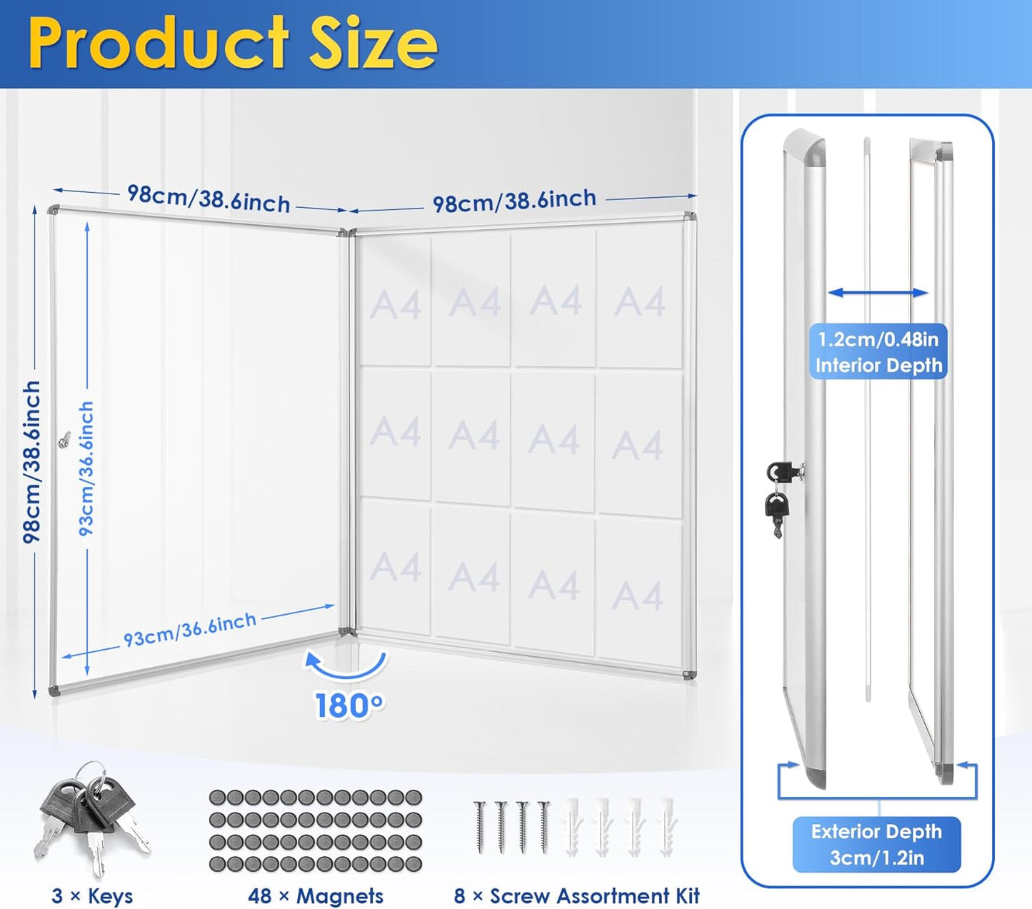 SWANCROWN Locking Bulletin Boards Enclosed Noticeboard White Glass Message Boards Indoor for School Office 38x38 inches (12xA4)
