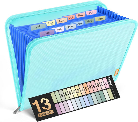 Sooez 13 Pocket Accordion File Organizer, Zipper Expanding File Folder Organizer, Reinforced Plastic Accordion Folder, A4 Letter Size, Portable Folders for Documents, SkyBlue