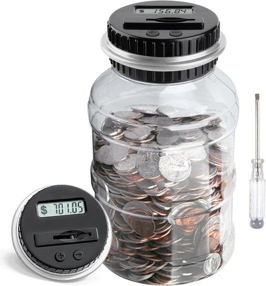 Large Piggy Bank for Boys Adults, Vcertcpl Digital Coin Counting Bank with LCD Counter, 1.8L Capacity Coin Bank Money Jar for Adults, Designed for All US Coins (Silver)